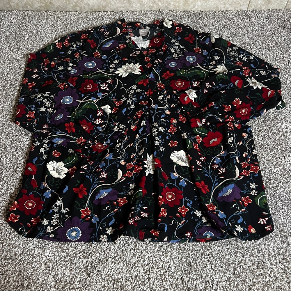 Chico's Black Blouse with Floral Design